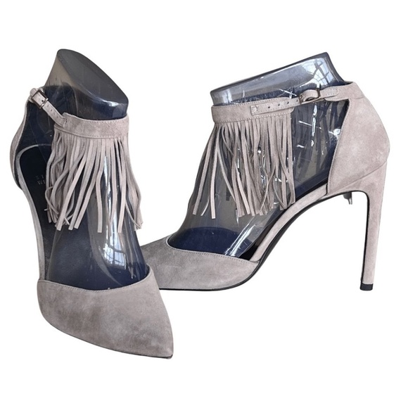 Stuart Weitzman Fringelica Grey Suede Fringe Ankle Strap D' Orsay Pumps … - Picture 5 of 8